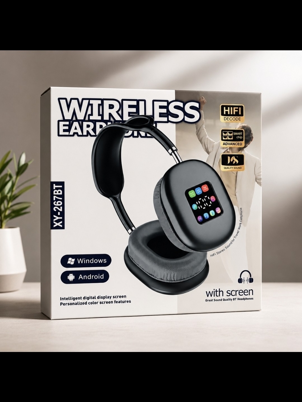 Wireless Over-Ear Headphones with Color Screen - Black
